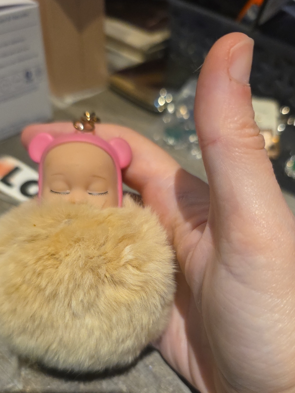T9Love Pink Bear Hood Doll Keychain with Cream Pom Charm For Bag
